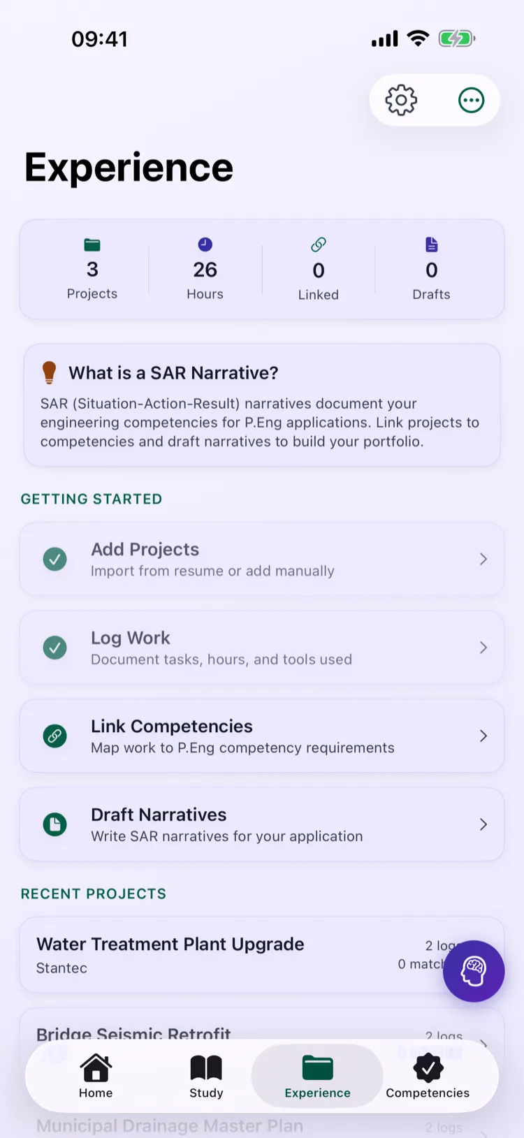Experience logging on squared.engineering: projects linked to competencies
